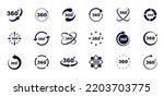360 degrees view icon set. Signs virtual reality, panoramas and 360 degrees rotating. Icons with arrows and circles indicating turn 360 degree view. Vector illustration.