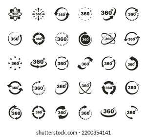 360 degrees view icon set. Signs virtual reality, panoramas and 360 degrees rotating. Icons with arrows and circles indicating turn 360 degree view. Vector illustration.