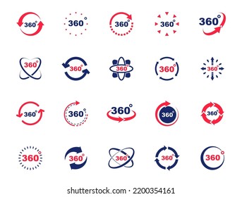 360 degrees view icon set. Signs virtual reality, panoramas and 360 degrees rotating. Icons with arrows and circles indicating turn 360 degree view. Vector illustration.