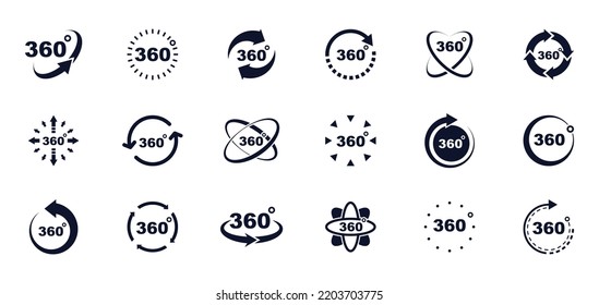 Juego de iconos de vista de 360 grados. Señales de realidad virtual, panoramas y rotación de 360 grados. Iconos con flechas y círculos que indican una vista de 360 grados. Ilustración vectorial.