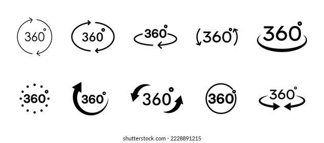 Juego de iconos de vista de 360 grados. Icono de rotación o panoramas a 360 grados