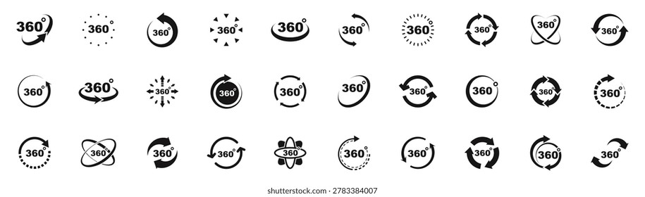 360 degrees view icon set. Rotation icons. Web icons virtual reality, panoramic view, arrows etc. Vector illustration.