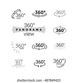 360 Degrees View Icon. Vector Line 360 Degrees Panorama Camera View Symbol Set. Rotation Arrows