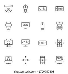 360 Grados Ver conjunto de iconos de línea, colección de símbolos de vector de contorno, paquete de pictogramas de estilo lineal. Señales, ilustración del logotipo. Set incluye iconos como smartphone virtual reality view, vr auriculares, panorámico 