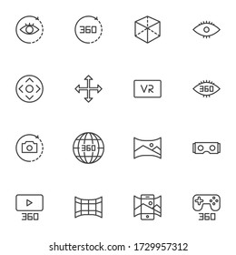 360 Degrees View line icons set, outline vector symbol collection, linear style pictogram pack. Signs, logo illustration. Set includes icons as virtual reality headset, gamepad control, panoramic view