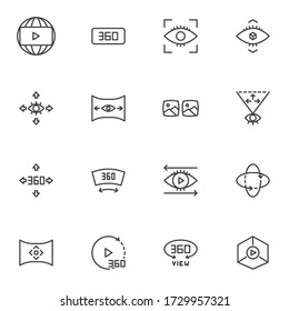 360 Degrees View Line icons set, outline vector symbol collection, linear style pictogram pack. Signs, logo illustration. Set includes icons as panoramic view, 3D dimension resolution, full rotation 