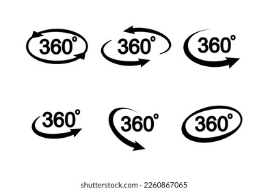 360 degrees view related sign set isolated on transparent background. Abstract concept graphic rotation arrows, panorama, virtual reality element