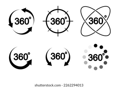 360 degrees view related sign set isolated on transparent background. Abstract concept graphic rotation arrows, panorama, virtual reality element