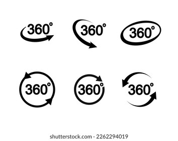 360 degrees view related sign set isolated on transparent background. Abstract concept graphic rotation arrows, panorama, virtual reality element