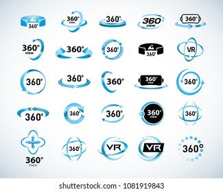 360 Degrees View Vector Icons set. Virtual reality icons. Isolated vector illustrations. Blue Color version.