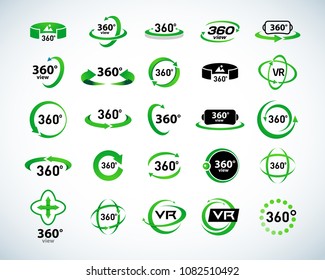 360 Degrees View Vector Icons set. Virtual reality icons. Isolated vector illustrations. Green Color version.