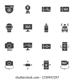 360 Degrees View vector icons set, modern solid symbol collection, filled style pictogram pack. Signs, logo illustration. Set includes icons as smartphone virtual reality view, vr headset, panoramic 