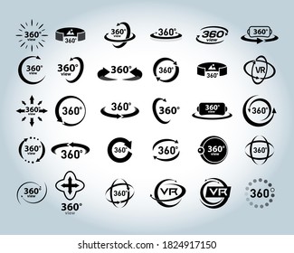 360 Grad Vektorsymbole anzeigen Set. Symbole der virtuellen Realität. Einzige Vektorgrafiken. Schwarz-Weiß-Version.