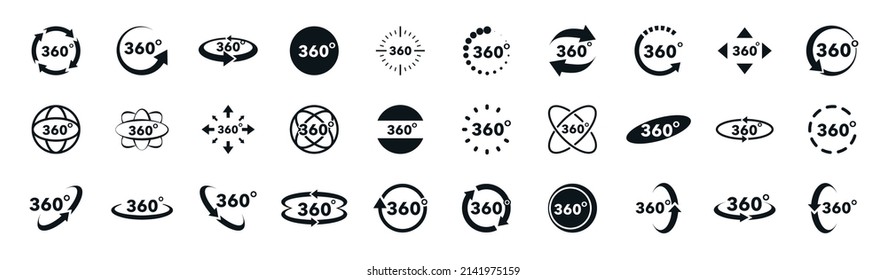 360 degrees view vector icons set. Signs with arrows to indicate the rotation or panoramas to 360 degrees. Virtual reality icons. Rotate symbol isolated in white background. Vector illustration