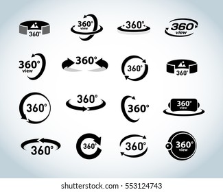 360 Degrees View Vector Icons set. Virtual reality icons. Isolated vector illustrations. Black and white version.