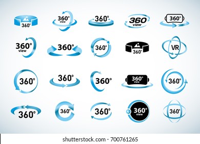 360 Degrees View Vector Icons set. Virtual reality icons. Isolated vector illustrations. Blue Color version.