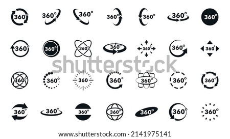 360 degrees view vector icons set. Signs with arrows to indicate the rotation or panoramas to 360 degrees. Virtual reality icons. Rotate symbol isolated in white background. Vector illustration