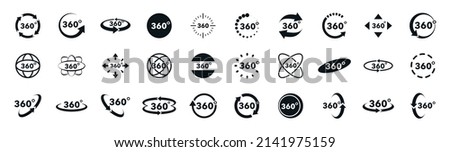 360 degrees view vector icons set. Signs with arrows to indicate the rotation or panoramas to 360 degrees. Virtual reality icons. Rotate symbol isolated in white background. Vector illustration