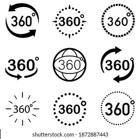 360 Degrees View Vector set. Signs with arrows to indicate the rotation or panoramas to 360 degrees. Vector icon symbol. Vector illustration.