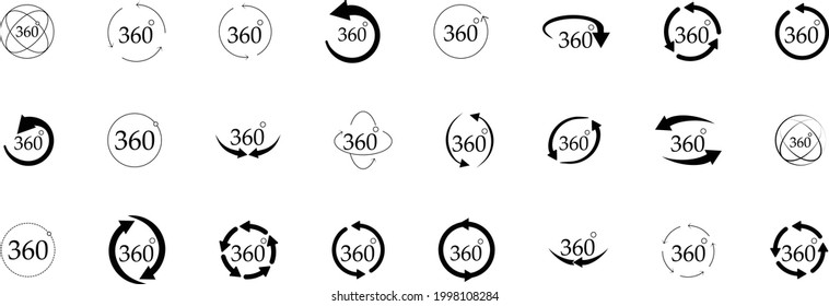 360 Degrees View Vector set. Signs with arrows to indicate the rotation, Vector icon symbol