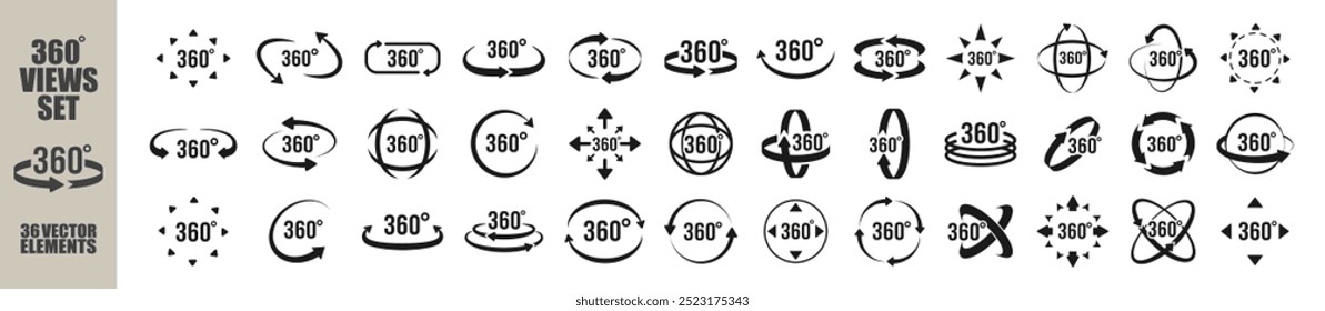 Conjunto de vetores de visualização de 360 graus.  Arredonde sinais com setas de rotação para 360 graus. Ícones de realidade virtual. Ilustração vetorial isolada no plano de fundo transparente