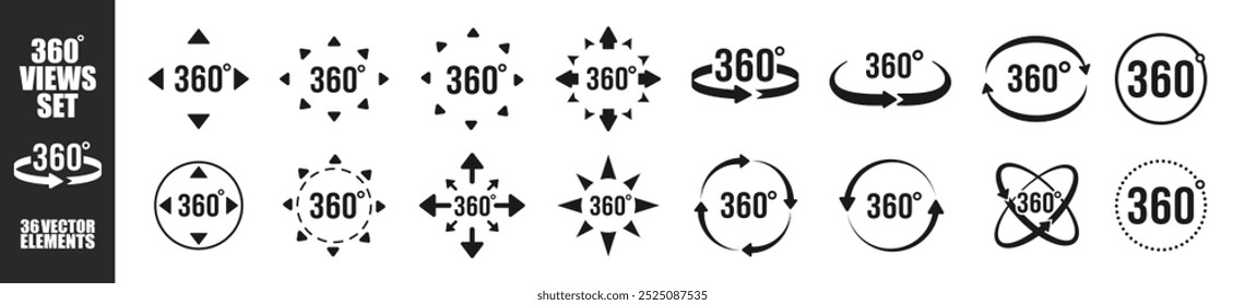 Conjunto de vetores de visualização de 360 graus.  Arredonde sinais com setas de rotação para 360 graus. Ícones de realidade virtual. Ilustração vetorial isolada no plano de fundo transparente