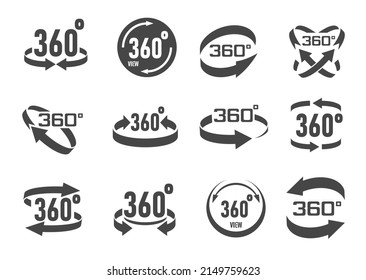 360 degrees virtual camera rotate icons, 3D perspective panorama isolated vector symbols. 360 degrees arrows in circle for wide view angle or full panoramic video tour, VR rotation buttons and signs