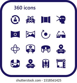 360 icon set. 16 filled 360 icons.  Collection Of - Rotate, Virtual reality, Panoramic, Panorama, panorama 360 , Virtual glasses, , panorama, Angle icons