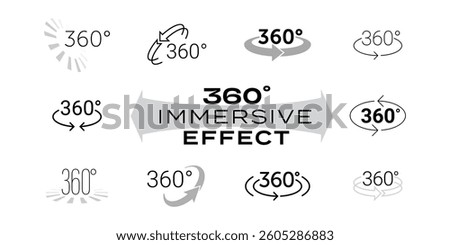 360 icon. Vector line 360 degrees panorama label, 360 surround sound effect logo, VR 3D virtual reality panoramic camera view capture symbol set. Rotation arrows