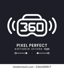 360 live streaming white linear desktop icon on black. Broadcast device. VR technology. Virtual reality. Pixel perfect, outline 4px. Isolated user interface symbol for dark theme. Editable stroke