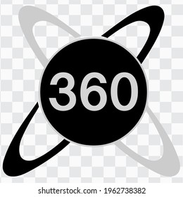 360 logo icon. Three hundred and sixty degree graphic. For video game tour, rotation. VR AR black white gray isolated. Transparency background. Vector digital illustration