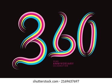 360 number design vector, graphic t shirt, 360 years anniversary celebration logotype colorful line,360th birthday logo, Banner template, logo number elements for invitation card, poster, t-shirt.