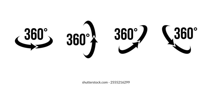 360 rotation icon set. 360 degree rotate vector illustration. 360 angle arrow pictogram. Panorama view symbol. Full turn sign. Full cycle 3D arrow rotation. Circle spin isolated concept.