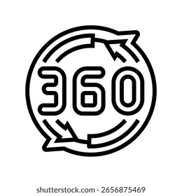 Vector de ícono de línea de rotación 360. Signo de rotación 360. Ilustración negra aislada del símbolo del contorno