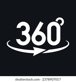 360 rotation preview symbol. Virtual reality panoramic view label. White vector logotype isolated on black background.