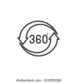 360 rotation sign line icon. Panoramic view linear style sign for mobile concept and web design. 360 degrees arrows outline vector icon. VR technology symbol, logo illustration. Vector graphics