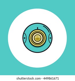 360 video or web round camera icon in flat line design. Vector illustration in yellow and turquoise color on isolated background
