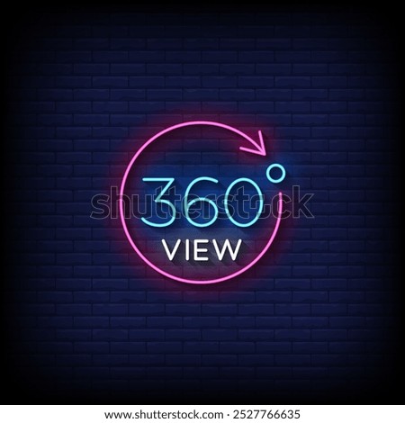 360 view neon sign vector with brick wall background 