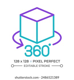 360 view two color line icon. Panoramic view. Virtual reality technology. Rotating object. 3d cube bicolor outline symbol. Duotone linear pictogram. Isolated illustration. Editable stroke