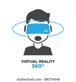 360 virtual reality man, icon, symbol and text black and blue