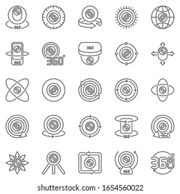 360-degree Camera outline concept icons set. Vector 360 Camera linear symbols or logo elements