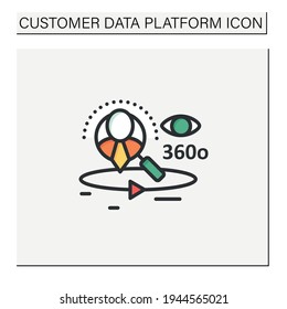 360-degree Customer View Color Icon.All Client Data In One Place. Interactions With Customer Service, Social Media Behavior.Customer Data Concept. Isolated Vector Illustration