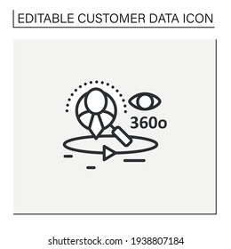 360-degree Customer View Line Icon.All Client Data In One Place. Interactions With Customer Service, Social Media Behavior.Customer Data Concept. Isolated Vector Illustration.Editable Stroke