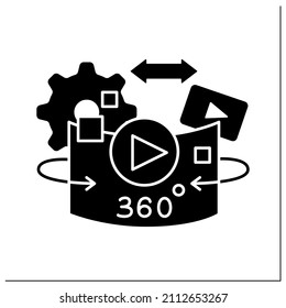 360-degree video glyph icon.Immersive or spherical video clip. Recordings view in every direction.Video marketing concept. Filled flat sign. Isolated silhouette vector illustration