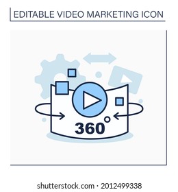 360-degree video line icon.Immersive or spherical video clip. Recordings view in every direction.Video marketing concept. Isolated vector illustration. Editable stroke