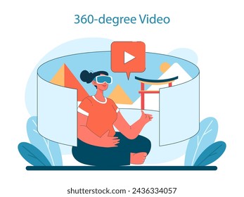 Video de 360 grados en Turismo Virtual. Una persona absorta en vistas panorámicas de lugares emblemáticos, disfrutando de una experiencia de viaje sensorial completa. Ilustración vectorial.