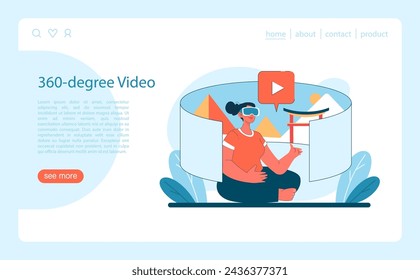 360-Grad-Video im virtuellen Tourismus. Eine Person, die in Panoramablick auf ikonische Wahrzeichen eintaucht und ein volles sensorisches Reiseerlebnis genießt. Vektorgrafik.