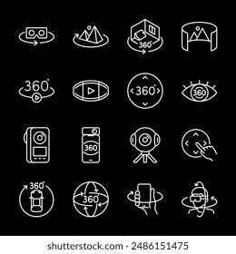 360-degree view, white line icons. Devices and content for complete VR and AR experiences. Perfect for tech and immersive media themes. Symbols on black background. Editable stroke.