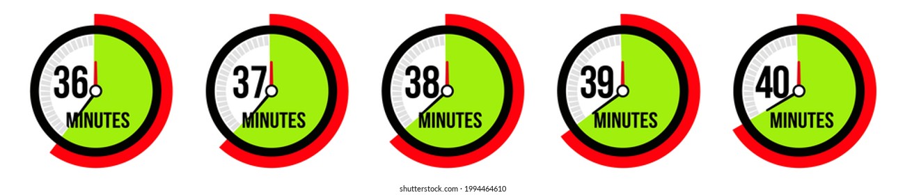 36,37,38,39,40 minutes timer, stopwatch or countdown icon. Time measure.