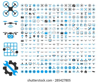 365 air drone and quadcopter tool icons. Icon set style: flat vector bicolor images, blue and gray symbols, isolated on a white background.